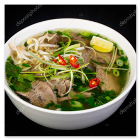 Miska horúcej polievky pho s čerstvými bylinkami